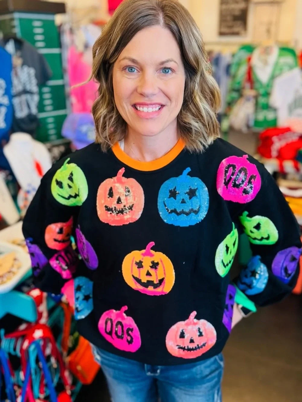 Queen Of Sparkles Halloween Jack-O-Lantern Crewneck Sweatshirt SZ XS Black - Picture 3 of 13